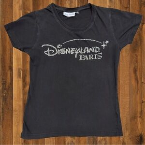Disneyland Paris Rhinestone Logo Tee – Size S – Black Sparkle Graphic Top